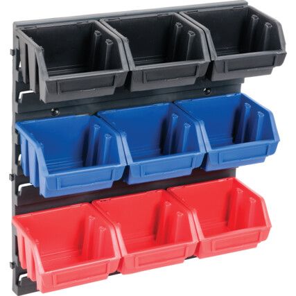 Storage Bin Rack/Storage Bins, Grey/Blue/Black/Red, 385x90x345mm, 10 Pack