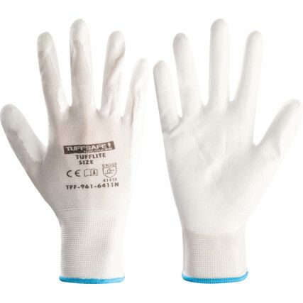 Tufflite Mechanical Hazard Gloves, White, Nylon Liner, Polyurethane Coating, EN388: 2016, 4, 1, 4, 1, X, Size 10