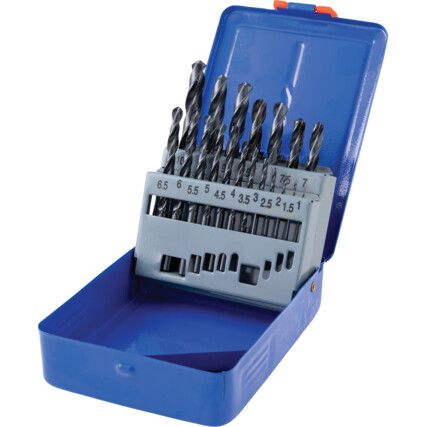 Jobber Drill Set, 1 to 10mm x 0.5mm, Rolled Forged, Metric, High Speed Steel, Set of 19