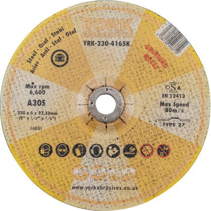 Grinding Disc, 30-Medium/Coarse, 230 x 6 x 22 mm, Type 27, Aluminium Oxide