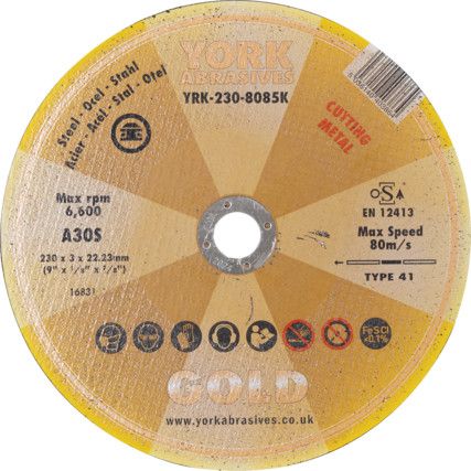 Cutting Disc, 30-Medium/Coarse, 230 x 3 x 22.23 mm, Type 41, Aluminium Oxide