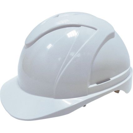 Safety Helmet, White, ABS, Vented, Standard Peak, Includes Side Slots
