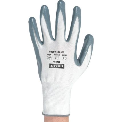 Mechanical Hazard Gloves, Grey/White, Nylon Liner, Nitrile Coating, EN388: 2003, 4, 1, 3, 2, Size 6