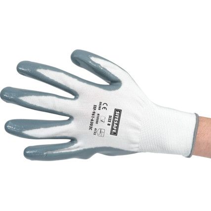 Mechanical Hazard Gloves, Grey/White, Nylon Liner, Nitrile Coating, EN388: 2003, 4, 1, 3, 2, Size 8