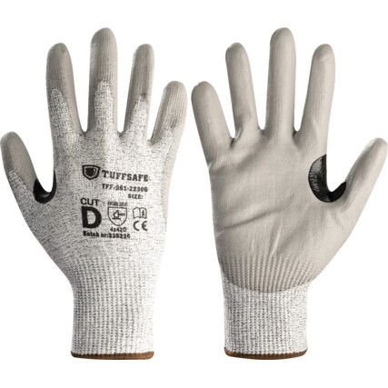 Cut Resistant Gloves, Grey, PU Palm, HPPE Liner, EN388: 2016, 4, X, 4, 3, D, Size 8