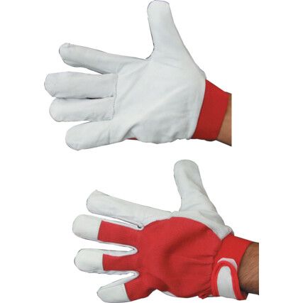 General Handling Gloves, Red/White, Leather Coating, Cotton Liner, Size 7