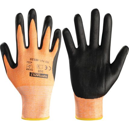 Cut Resistant Gloves, Black/Orange, EN388: 2003, 4, 3, 4, 2, Nitrile Foam Palm, HPPE Liner, Size 7