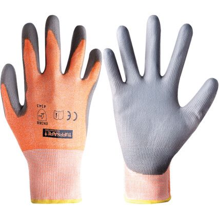Cut Resistant Gloves, Grey/Orange, PU Palm, HPPE Liner, EN388: 2003, 4, 3, 4, 3, Size 8
