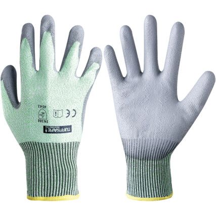 Cut Resistant Gloves, Green/Grey, EN388: 2003, 4, 5, 4, 3, PU Palm, HPPE Liner, Size 7