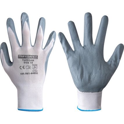 Tuffoam Mechanical Hazard Gloves, Grey/White, Nylon Liner, Nitrile Coating, EN388: 2016, 3, 1, 2, 1, X, Size 7