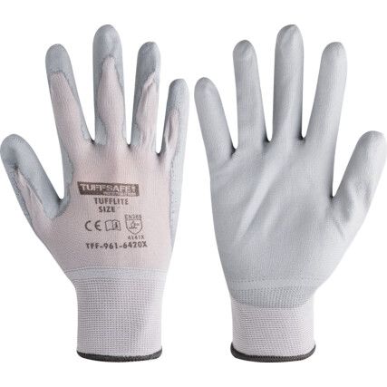 Tufflite Mechanical Hazard Gloves, Grey, Nylon Liner, Polyurethane Coating, EN388: 2016, 4, 1, 4, 1, X, Size 8