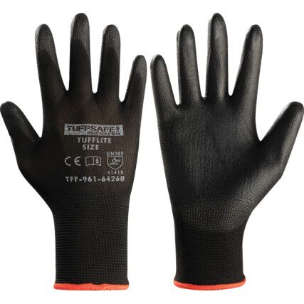 Tufflite Mechanical Hazard Gloves, Black, Nylon Liner, Polyurethane Coating, EN388: 2016, 4, 1, 4, 1, X, Size 10