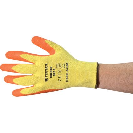Tuffgrip Mechanical Hazard Gloves, Orange/Yellow, Cotton/Polyester Liner, Latex Coating, EN388: 2016, 2, 1, 4, 3, X, Size 9